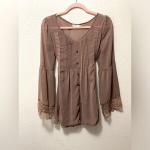 Blue Bird Brown Shabby Lace Detail Tie Blouse!
